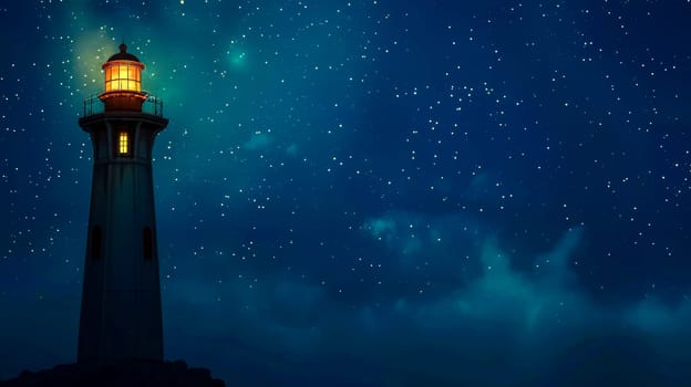 Tranquil scene depicting a lighthouse against a beautiful backdrop of stars