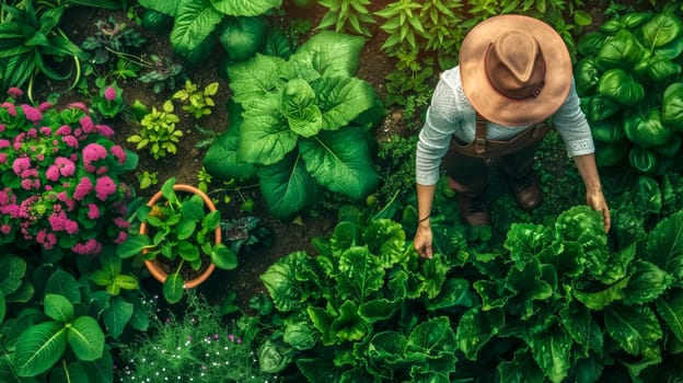 Aerial view of a person with a hat caring for a variety of healthy garden plants