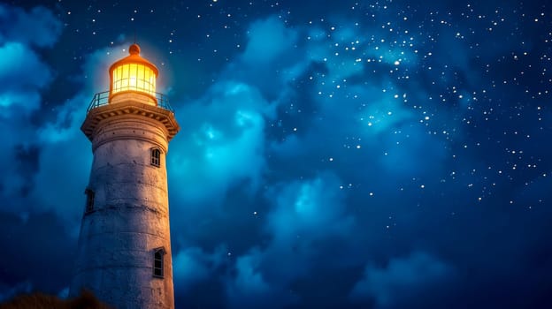 Majestic lighthouse shining its light under a mesmerizing star-filled sky