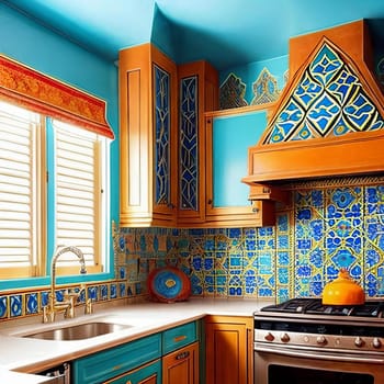 Intricate patterns of a Moroccan-inspired mosaic tile backsplash in a kitchen. Vibrant colors and geometric designs that infuse the space with exotic charm