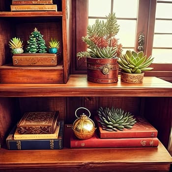 Intricate details of a rustic wooden bookshelf adorned with vintage ornaments and succulents.
