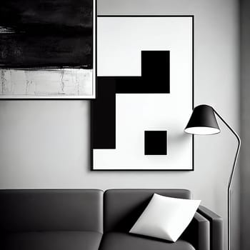 Close-up shot of an abstract modern art print hanging on a monochrome wall.