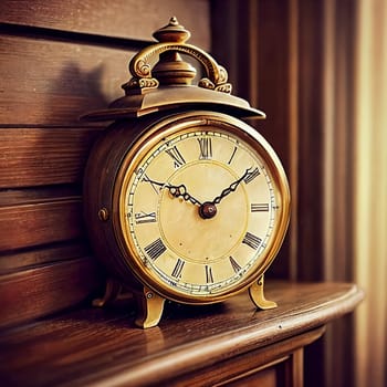 Timeless elegance of a vintage clock placed on a weathered wooden mantelpiece. Ornate details and weathered textures to evoke a sense of history and nostalgia