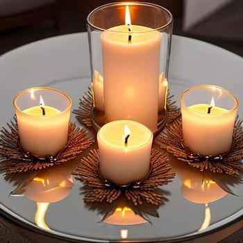 Cluster of scented candles of various shapes and sizes arranged on a reflective surface. Soft glow and comforting allure of the candlelight to create a cozy and inviting ambiance