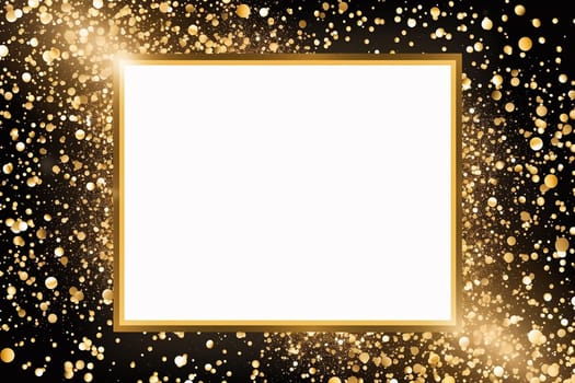 Elegant golden frame on a black background with sparkling golden particles scattered around.