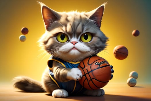 A fat cat goes in for sports, plays basketball. Isolated on a light background. AI generated image.