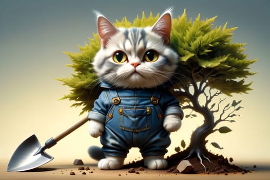 A plump cat gardener with a shovel and a tree. AI generated image.