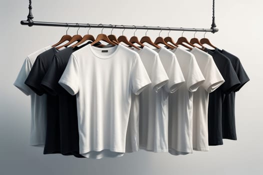 White T-shirts on hangers in a store. AI generated image.