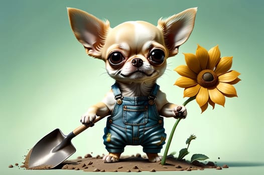 Chihuahua dog with a shovel on a light green background, AI generated image.