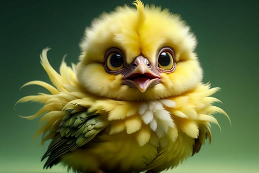 cute yellow chicken on green background . AI generated image.