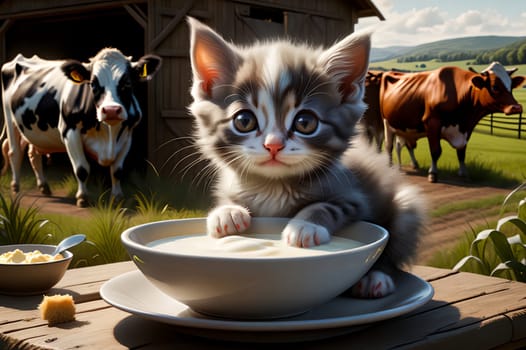kitten on a farm with cows, countryside.. AI generated image.