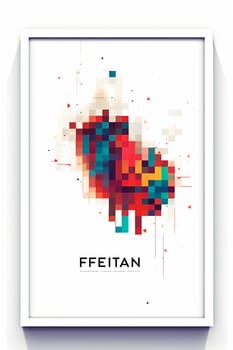Abstract geometric pixelated colorful horse in a minimalist white frame.