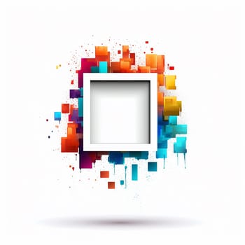 Abstract colorful pixel dispersion effect surrounding a white square