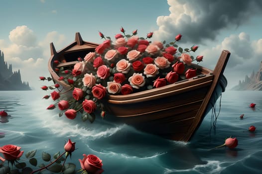 a boat full of roses floats on the water .AI generated image.
