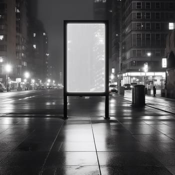 Empty billboard on a misty, illuminated city street at night.