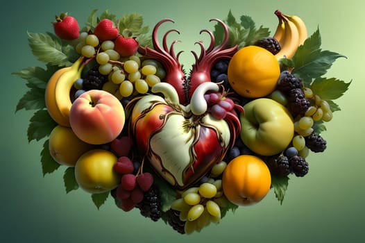 many different mix of fruits in the shape of a heart. AI generated image.