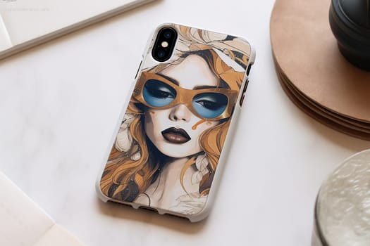 Illustrated phone case featuring a stylized woman with sunglasses.
