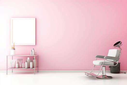 Modern salon interior with chair, table, and beauty products on pink wall background.