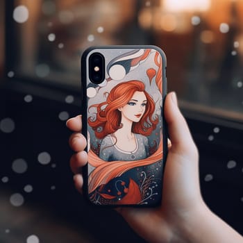 A hand holds a phone case with a red-haired woman and abstract patterns.