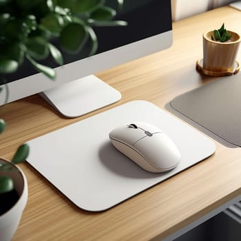 A modern, clean work space with a stylish wireless mouse and plant