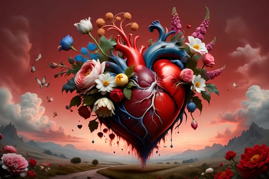 kind heart in flowers. AI generated image.