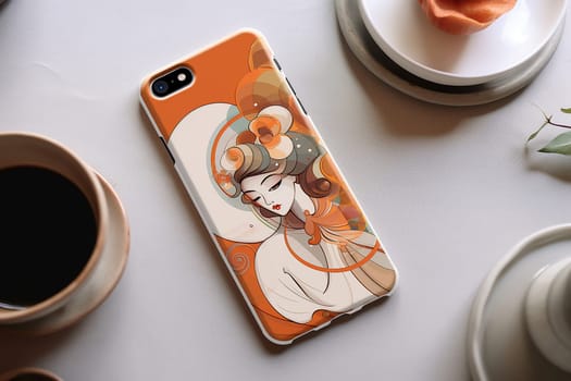 Illustrative phone case featuring a stylized woman with a coffee cup.