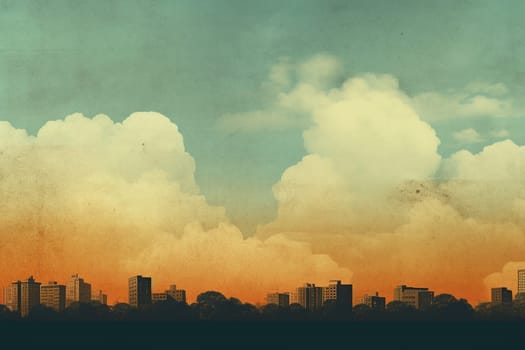 Illustration of an urban skyline against a backdrop of large, fluffy clouds at sunset or sunrise.