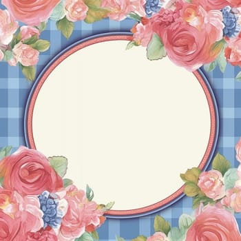 Vintage floral frame with space for text, roses and blue flowers.