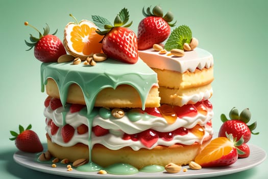 fruit cake with strawberry cream, nuts, tangerines isolated on a light green background