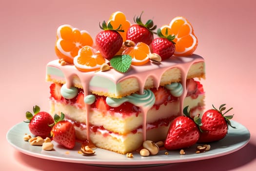 fruit cake with strawberry cream, nuts, tangerines isolated on a light pink background