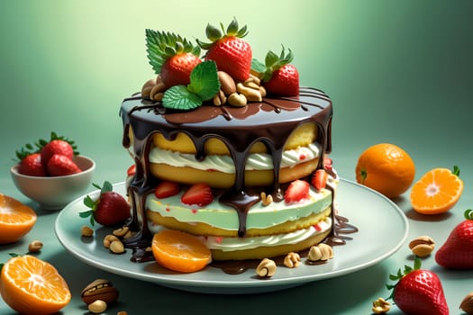 fruit cake with strawberry cream, nuts, tangerines isolated on a light green background