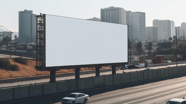 Blank billboard beside highway with city buildings in background.