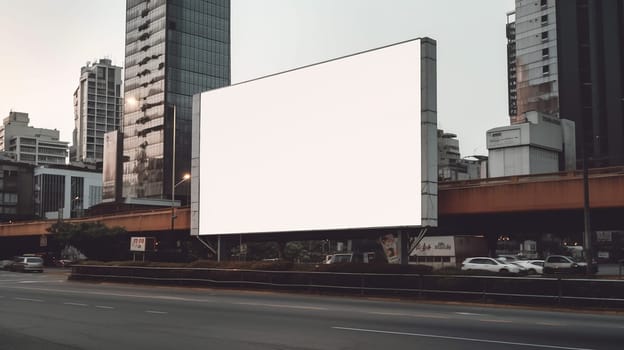 Large billboard with empty space in an urban setting during dusk.