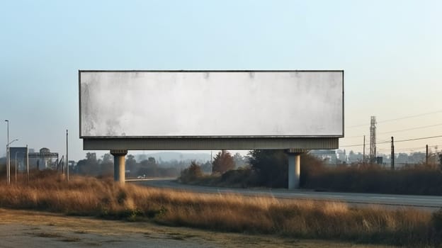 An empty billboard beside a road in a field at dusk.
