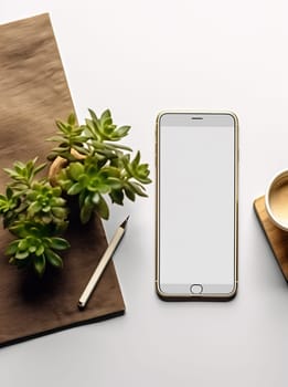 Smartphone on a desk with plant, notebook, and pencil