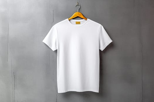 White T-shirt hanging on a yellow hanger against a gray wall
