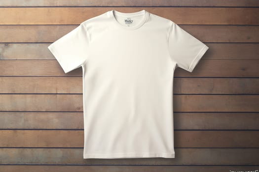 Plain white t-shirt displayed on wooden background