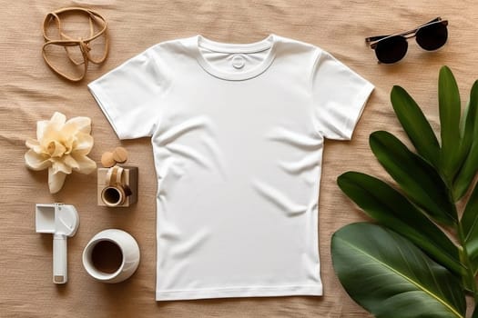 Plain white t-shirt laid out with accessories and plants.