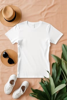 White t-shirt laid flat with accessories on textured backdrop.