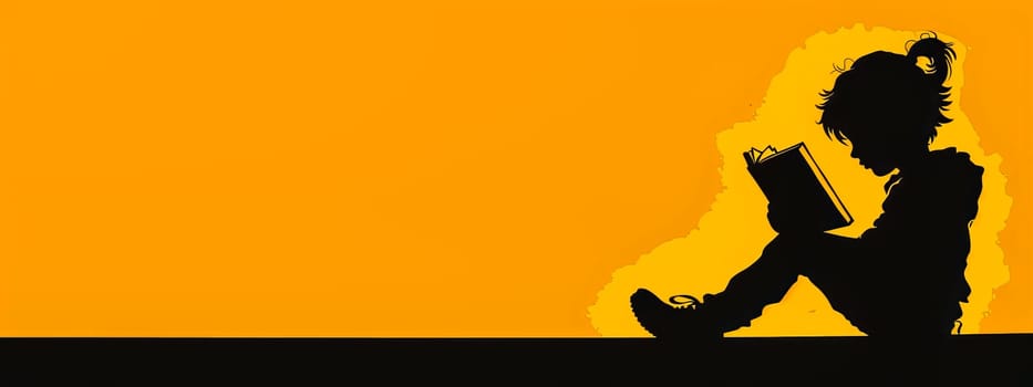 Silhouette of a young child engrossed in a book, with a vibrant orange backdrop