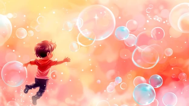 Vibrant illustration of a young child chasing bubbles in a dreamy, colorful setting