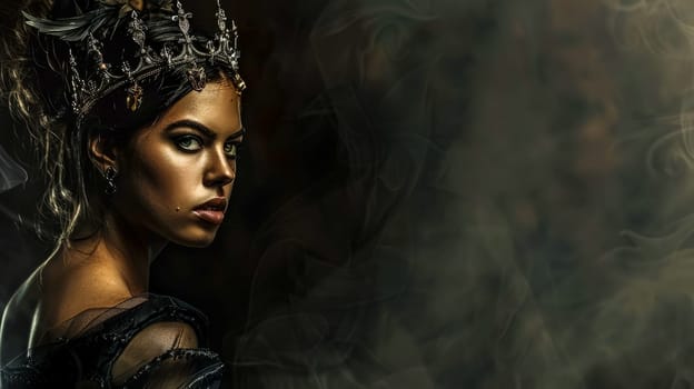 Striking portrait of a young woman adorned with an elegant crown amidst a mystical smoky backdrop
