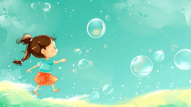 Cartoon of a young girl with pigtails playfully chasing floating soap bubbles on a vibrant background