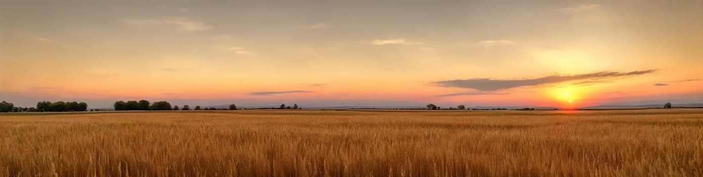 Tranquility of a vast wheat field at sunset, with the warm tones of the sky mirroring the golden hues of the ripe crops