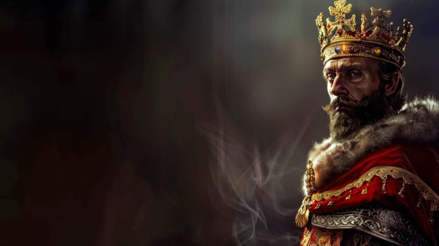Powerful portrait of a king adorned with a crown and royal robes