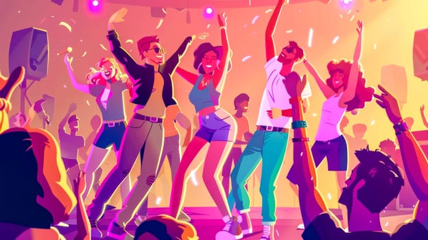 Animated illustration of euphoric people dancing at a colorful party