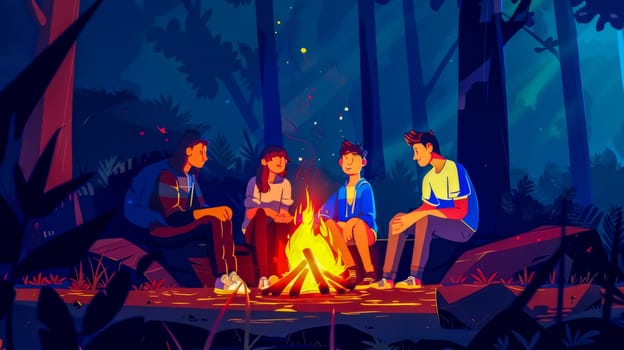 Digital illustration of young adults relaxing by a bonfire surrounded by dark woods