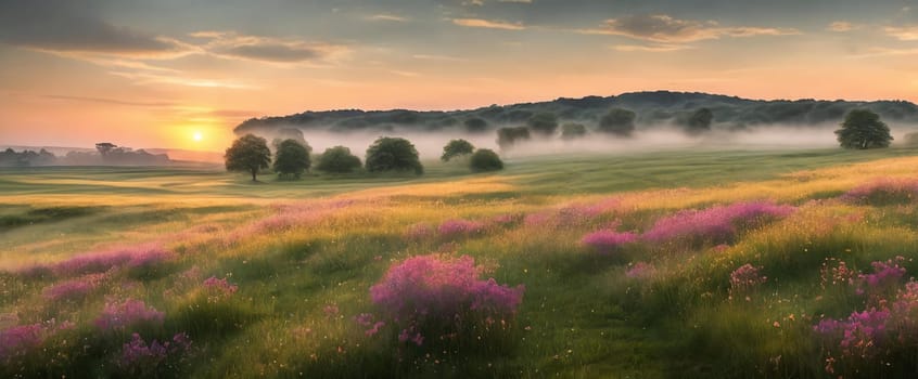 Peacefulness of a countryside meadow bathed in the soft light of dawn, with a gentle mist hovering over the grass adding a touch of mystique to the scene