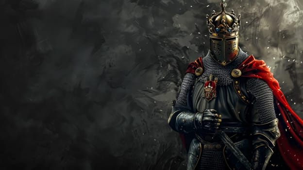 Noble knight clad in detailed armor stands against a dark, moody background