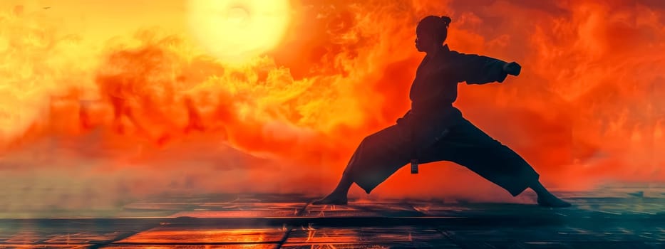Silhouette of a martial artist practicing against a fiery sunset backdrop